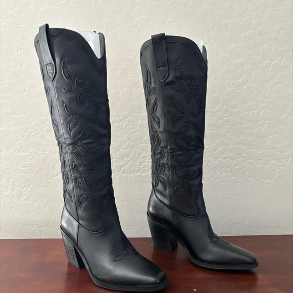 ISNOM Western Knee High Boots Embroidered Block Heel Black US 6.5 New with Box - Picture 3 of 15